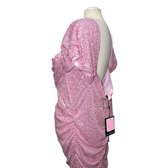 Pretty Little Thing Pink Sequin Ruched Mini Dress Open Back Sz 22 Womens - Picture 9 of 16